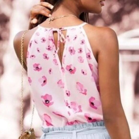 Cabi Pink Tank Top Floating Poppies Floral Tie Back Halter New - Picture 15 of 15